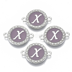Alloy Enamel Links Connectors, with Crystal Rhinestones, Flat Round with Letter, Silver Color Plated, Letter.X, 22x16x2mm, Hole: 1.8mm