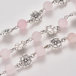Handmade Natural Frosted Rose Quartz Beaded Chains, Unwelded, with Iron Eye Pin and Tibetan Style Links, Plum Blossom, Antique Silver & Platinum, 18x10x2mm, 39.37 inch(1m)/strand