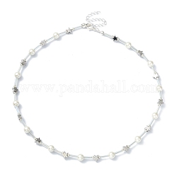 Collar de aleación con cuentas de estrella y perlas naturales para mujer, Platino, 16.10 pulgada (40.9 cm)