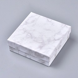 Boîtes à bijoux en carton carré kraft, boîtes à pendentif collier motif marbre, avec une éponge noire, blanc, 11.2x11.2x3.8 cm