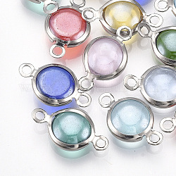 Handmade Lampwork Links connectors, with 304 Stainless Steel Findings, Flat Round, Stainless Steel Color, Mixed Color, 15x8.5x3~3.5mm, Hole: 1.5mm