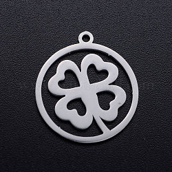 201 Stainless Steel Pendants, Flat Round with Four Leaf Clover, Stainless Steel Color, 22x20x1mm, Hole: 1.4mm