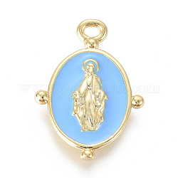 Plaqué or pendentifs en laiton émail, ovale avec vierge marie religion, bleu profond du ciel, 18.5x13x2mm, Trou: 1.6mm