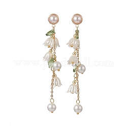 Aretes colgantes de perla de plástico abs y vidrio con flores, pendientes de borla de cadena de latón dorado para mujer, verde, 90mm, pin: 0.8 mm