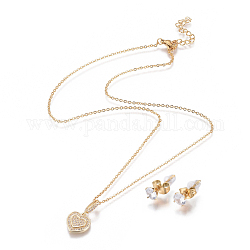 304 Stainless Steel Jewelry Sets, Brass Micro Pave Cubic Zirconia Pendant Necklaces and 304 Stainless Stud Earrings, with Plastic Ear Nuts/Earring Back, Heart, Golden, 17.72 inch(45cm), 1.5mm, 15x5.5mm, Pin: 0.7mm