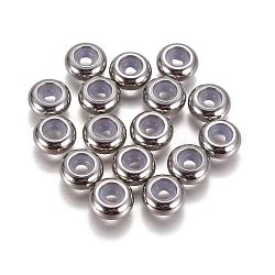Perles en 304 acier inoxydable, avec caoutchouc à l'intérieur, perles de curseur, perles de bouchage, rondelle, couleur inoxydable, 10x4~5mm, Trou: 5mm, trou en caoutchouc: 3.5 mm