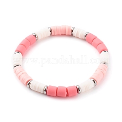 Handgefertigte Stretch-Armbänder aus Polymer Clay Heishi Perlen, mit Messing-Perlen, Kolumne, Platin Farbe, rosa, Innendurchmesser: 2-1/8 Zoll (5.3 cm)