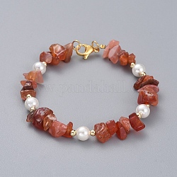Bracelets en perles d'agate rouge naturelle / cornaline, avec des perles rondes shell perles, perles en laiton et fermoirs mousquetons en 304 acier inoxydable, 7-1/4 pouce (18.5 cm)