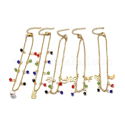 Perles de verre colorées et 304 bracelet de cheville à breloques en acier inoxydable avec chaînes forçat pour femme, or, Modèles mixtes, pendentif: 10~15x7~11x0.5~0.7 mm, 8-7/8 pouce (22.5 cm)