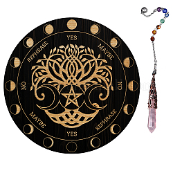 Ahademaker 1pc pendentif pendule de radiesthésie en quartz rose naturel, avec 1 planche de pendule personnalisée en bois, pour la sorcellerie fournitures d'autel wiccan, modèle de l'arbre de vie, pendentif: 29~29.7cm, carte: 20x0.4cm