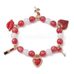 Bracelet extensible perles rondes en résine, bracelet à breloques cœur, fleur et lèvres pour la Saint-Valentin, rouge, diamètre intérieur: 2-1/8 pouce (5.5 cm)