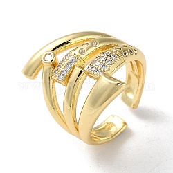 Rack Plating Brass with Clear Cubic Zirconia Open Cuff Rings, Hollow, Real 16K Gold Plated, Inner Diameter: 17mm
