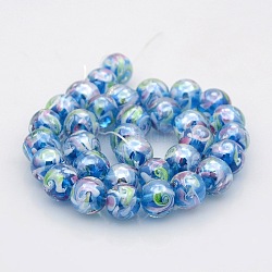 Pearlized Handmade Inner Flower Lampwork Round Bead Strands, Dodger Blue, 10mm, Hole: 1mm, about 40pcs/strand, 15.3 inch