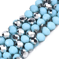 Chapelets de perles en verre opaque électrolytique, demi-argenté, facette, rondelle, lumière bleu ciel, 8x6mm, Trou: 1mm, Environ 65~68 pcs/chapelet, 15.7~16.1 pouce (40~41 cm)