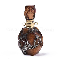 Colgantes de botellas de perfume que se pueden abrir de pirita sintética y jaspe imperial ensamblados, con fornituras de latón, teñido, arena marrón, capacidad: 1ml (0.03 fl. oz), 40~41x19.5~20x14~14.5mm, agujero: 1.8 mm, capacidad: 1ml (0.03 fl. oz)