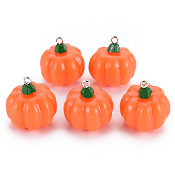 Autumn Theme Opaque Resin Pendants, with Platinum Tone Iron Loop, Pumpkin, Coral, 24.5x23.5mm, Hole: 2mm