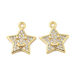 Brass Micro Pave Clear Cubic Zirconia Charms, Star with Smile Face, Real 18K Gold Plated, 13x11x1.5mm, Hole: 1.2mm