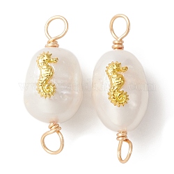 Natural Freshwater Pearl Copper Wire Wrapped Connector Charms, Oval Lins with Alloy Sea Horse Slice, Golden, 17~18.5x9~9.5x10~10.5mm, Hole: 2.5~3mm