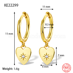 Real 18K Gold Plated 925 Sterling Silver Dangle Hoop Earrings for Women, Heart, 11mm