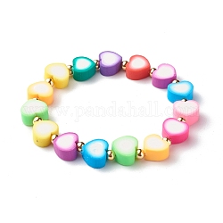Handgemachte Polymer-Ton-Herzperlen Stretch-Armbänder, mit Messing-Perlen, Farbig, Innendurchmesser: 2-1/2 Zoll (6.3 cm)