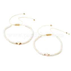 Set di bracciali regolabili con perline intrecciate in filo di nylon, perle di vetro placcate rondelle sfaccettate, perline in ottone, cuore, bianco, diametro interno: 2-1/2 pollice (6.5~11.2 cm), 2 pc / set