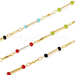 3.28 Feet Brass Bar Link Chains, with Glass Beads, Soldered, Long-Lasting Plated, Rondelle, Colorful, Real 18K Gold Plated, 10x2mm, 9x2mm