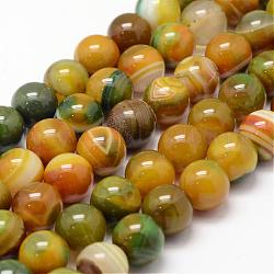 Natural Striped Agate/Banded Agate Bead Strands, Round, Grade A, Dyed & Heated, Yellow Green, 10mm, Hole: 1mm, about 37~38pcs/strand, 14.5 inch