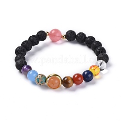 Universe Galaxy The Nine Planets Guardian Star, Natural Lava Rock and Natural Mixed Gemstone Beaded Stretch Bracelets, with Brass Findings, 2-1/4 inch(5.6cm)