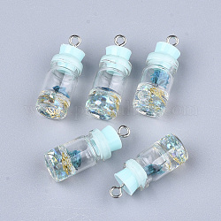 Decorazioni per ciondoli bottiglia di vetro, con strass in resina e tappo, reperti di fiori secchi e ferro, platino, azzurro, 26~27x9.5~10mm, Foro: 1.8 mm