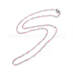 304 Stainless Steel Cable Chain Necklaces, with Enamel Links and Lobster Claw Clasps, Solder, Pearl Pink, 17.7 inch(45cm), 1.7~2.5mm