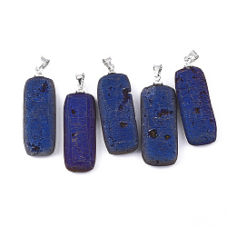 Pendenti in agata geoduzica naturale druzy galvanica, con accessori di ottone, rettangolo, platino, blu, 33~34x11~12x5~6mm, Foro: 4.5x4 mm