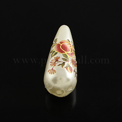 Printed Acrylic Teardrop Beads, with Gold Enlaced, FireBrick, 33x13mm, Hole: 1.5mm