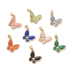Butterfly Brass Micro Pave Clear Cubic Zirconia  Pendants, with Cat Eye, Cadmium Free & Lead Free, Real 18K Gold Plated, Mixed Color, 21x19x4mm, Hole: 3.3x4.3mm