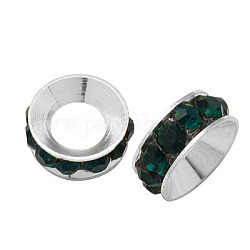 Perline distanziatori strass in ottone, grado a, rondelle, colore argento placcato, smeraldo, 10x4.2mm, Foro: 5.2~5.7 mm