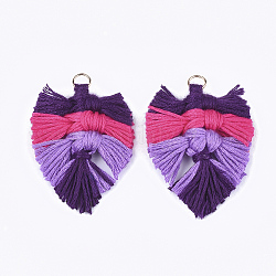 Gradient Color Polycotton(Polyester Cotton) Tassel Big Pendant, with Iron Findings, Leaf, Light Gold, Colorful, 53~60x40~45x5~6mm, Hole: 5.5mm