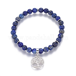 Natural Lapis Lazuli Charm Bracelets, with Brass Findings, Flat Round with Tree of Life, 2-1/8 inch(5.5cm)~2-1/4 inch(5.6cm), beads: 6~6.5mm, Pendant: 18x15~15.5x2mm