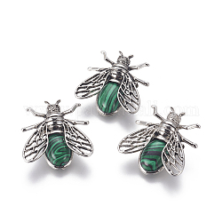 Synthetic Malachite Brooches, with Brass Findings, Cicada, Antique Silver, 38x36x8mm, Pin: 0.6mm
