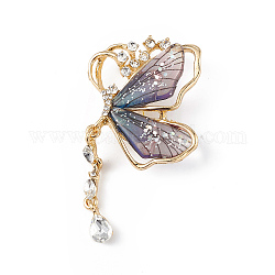 Broche de mariposa de resina con rhinestone de cristal, insignia de aleación de oro claro para mujer, azul acero claro, 68.5x38.5x13mm, pin: 0.8 mm