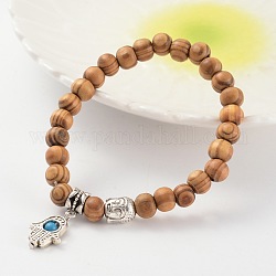 Bracelets extensibles avec perles en bois, avec des perles de pierres précieuses naturelles et des accessoires en alliage, Bouddha et Hamsa main / main de Fatima / main de Miriam, 61mm