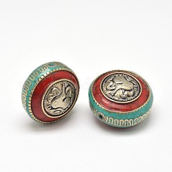 Flat Round Tibetan Style Beads, Brass Findings with Synthetic Coral, FireBrick, 17.5x26mm, Hole: 2mm