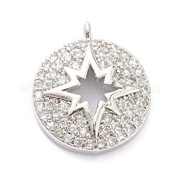 Brass Micro Pave Clear Cubic Zirconia Pendants, Long-Lasting Plated, Flat Round with Star, Real Platinum Plated, 16x14x3mm, Hole: 1.2mm