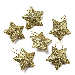 Пластиковые блестящие подвески в виде звезд, шелковая лента, подвесное украшение на елку, золотые, 43x46x16.5 мм