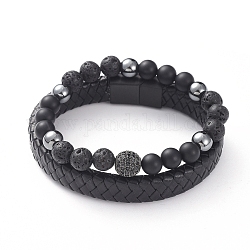 Unisex Stackable Bracelets Sets, Natural Lava Rock & Agate Beads, Brass Cubic Zirconia Beads, Non-Magnetic Synthetic Hematite Beads, Leather Cord, 304 Stainless Steel Magnetic Clasps and Cardboard Box, 2-1/8 inch(5.5cm), 8-1/4 inch(21cm), 2pcs/set