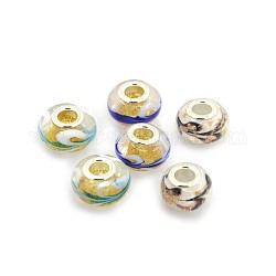Handmade Gold Sand Lampwork European Large Hole Rondelle Beads, with Silver Color Plated Brass Double Cores, Mixed Color, 15x10mm, Hole: 5mm