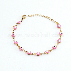 Pulsera de cadena de eslabones de mal de ojo esmaltada de acero inoxidable chapada en oro real de 18k, rosa perla, 6-3/4 pulgada (17 cm)