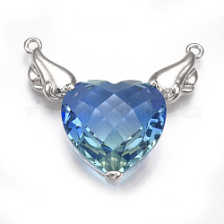 K9 pendenti di vetro, con accessori di ottone, sfaccettato, cuore con ala, platino, blu, 26~27x29~30x9mm, Foro: 1.5 mm