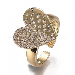 Brass Micro Pave Cubic Zirconia Cuff Rings, Open Rings, Cadmium Free & Lead Free, Heart, Golden, Clear, US Size 6 3/4(17.1mm)