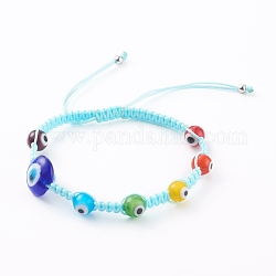 Bijoux chakra, bracelets de perles de nylon tressés réglables, avec la main perles au chalumeau de mauvais œil, colorées, diamètre intérieur: 2-1/8~3-1/2 pouce (5.5~8.8 cm)