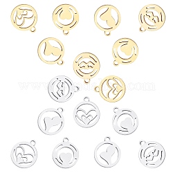 SUNNYCLUE 16Pcs 4 Styles 304 Stainless Steel Charms, Manual Polishing, Flat Round with Heart, Golden & Stainless Steel Color, 2 colors, 2pcs/color
