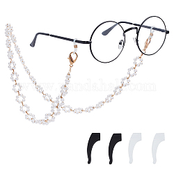 Olycraft legierung brillenketten, Halsband für Brillen, mit Kunststoff-Perlen, Gummischlaufenenden und Silikon-Brillen-Ohrgriff, Blume, weiß, golden, 25.20 Zoll (64 cm)